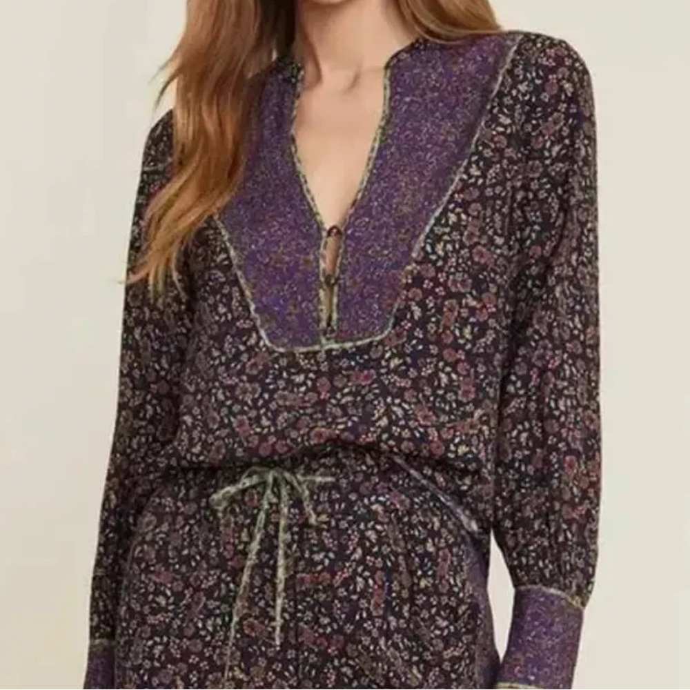 Veronica Beard Betta Blouse Ditsy Floral Purple Long Sleeve Mixed Media Size 2
